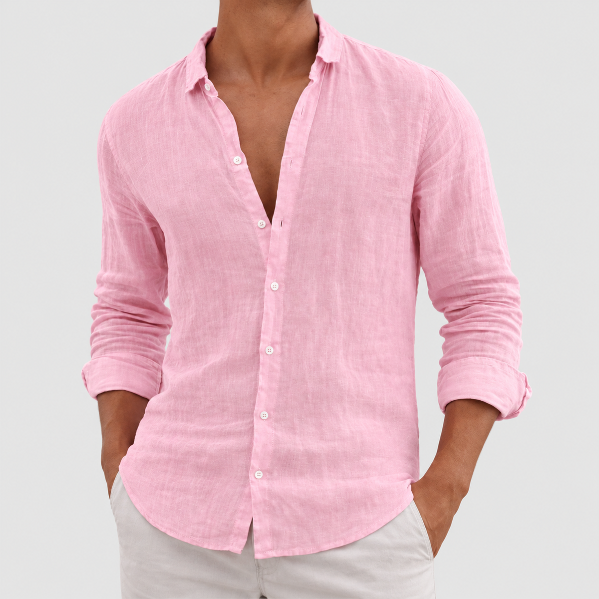 Men's Long-Sleeve Cotton Shirt with Classic Collar in Pink — view 6