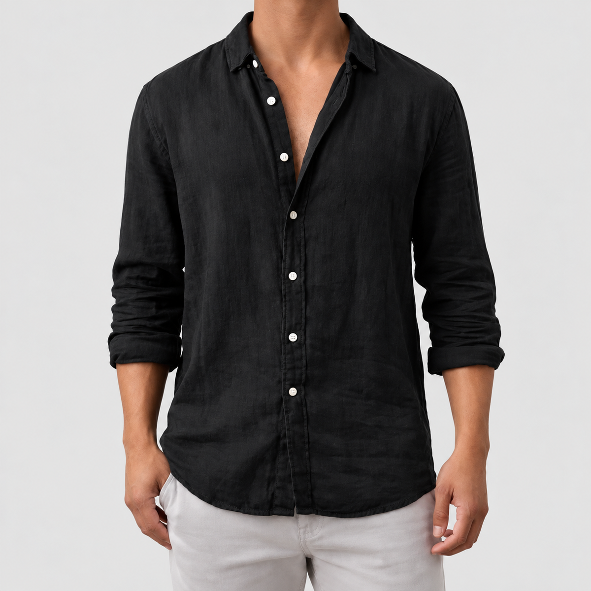 Men's Long-Sleeve Cotton Shirt with Classic Collar in Black — view 10