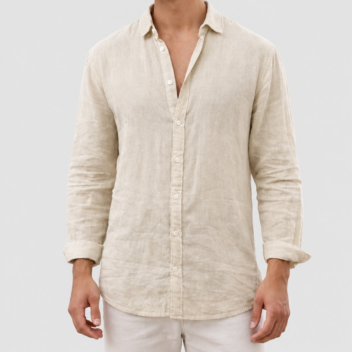 Men's Long-Sleeve Cotton Shirt with Classic Collar in Khaki — view 12