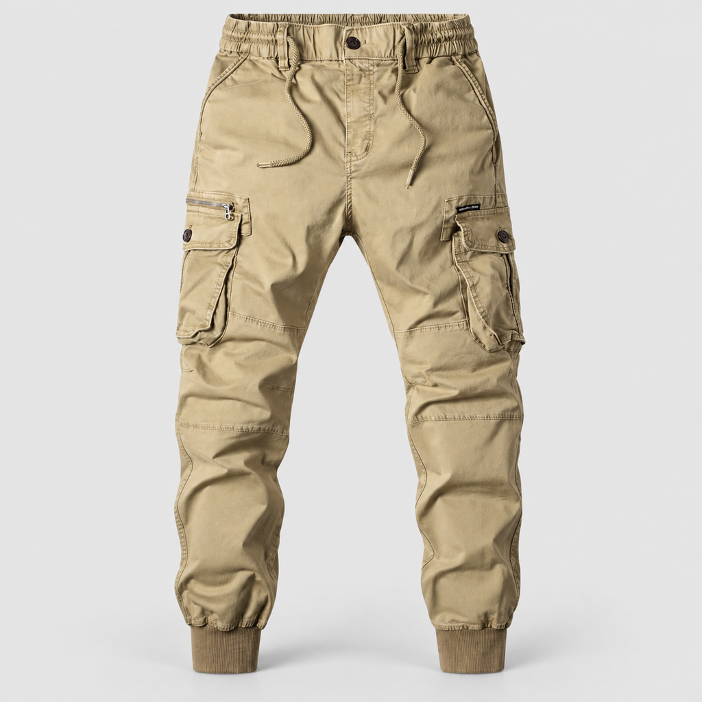 Men's Elasticated-Waist Cuffed Cargo Trousers in Khaki — view 5
