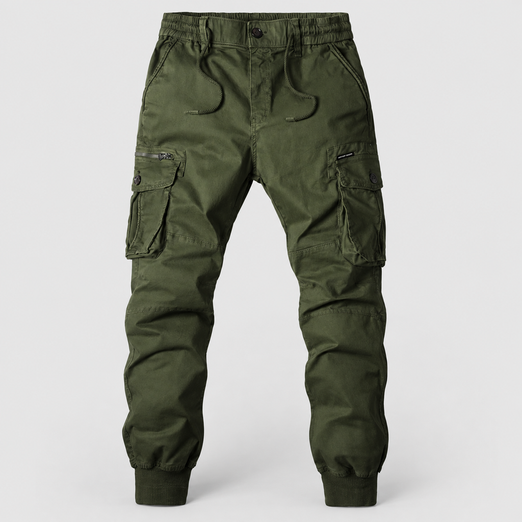 Men's Elasticated-Waist Cuffed Cargo Trousers in Green — view 7