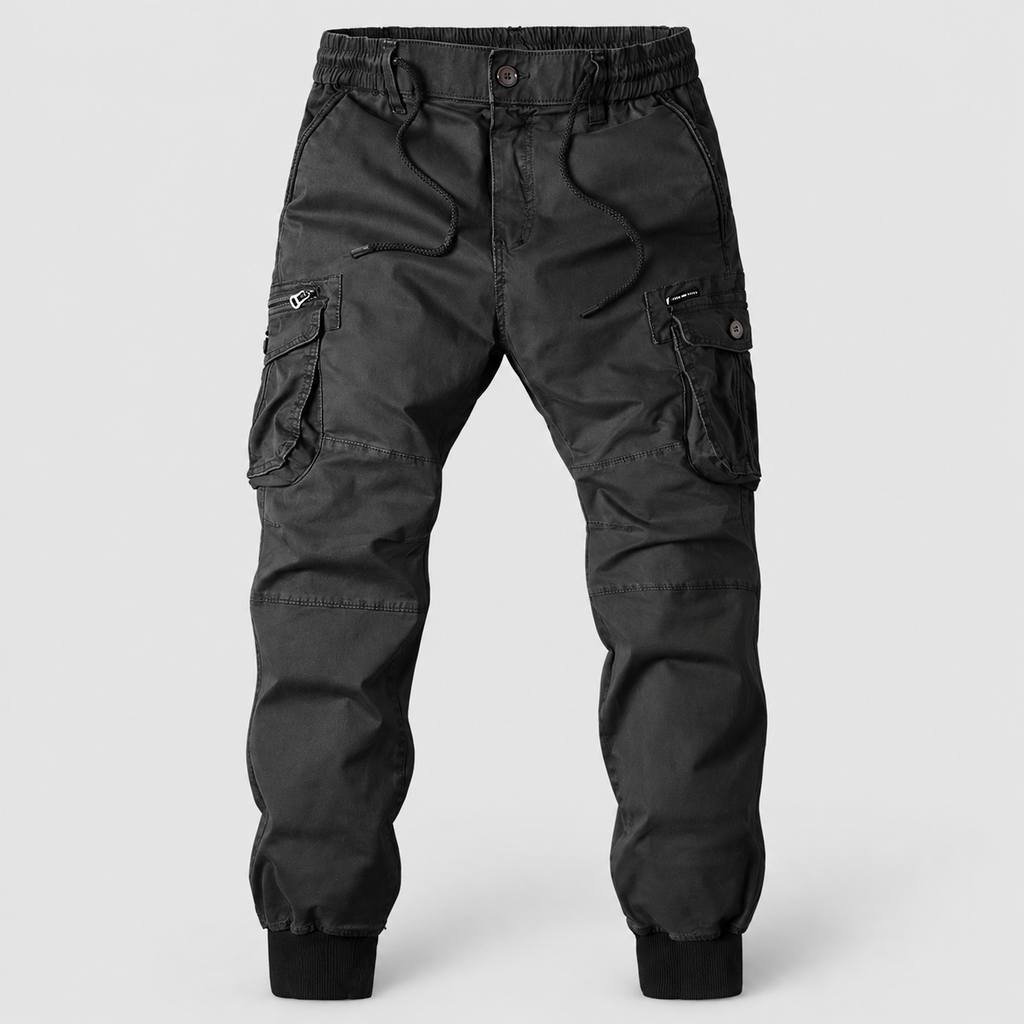 Men's Elasticated-Waist Cuffed Cargo Trousers in Black — view 9