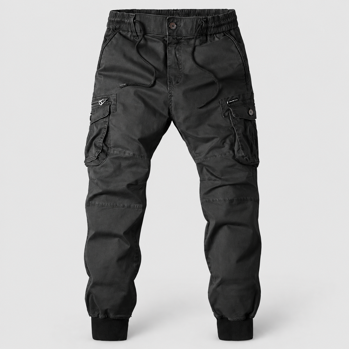 Men's Elasticated-Waist Cuffed Cargo Trousers in Black — view 9