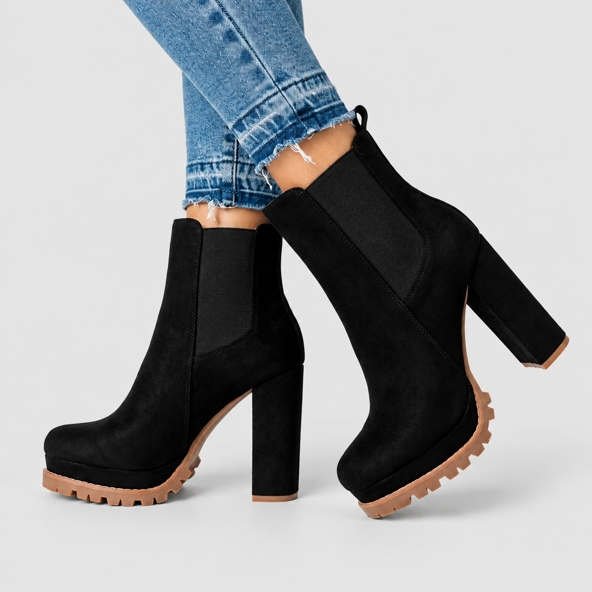 Women's Platform Ankle Boots with High Block Heel in Black — view 1