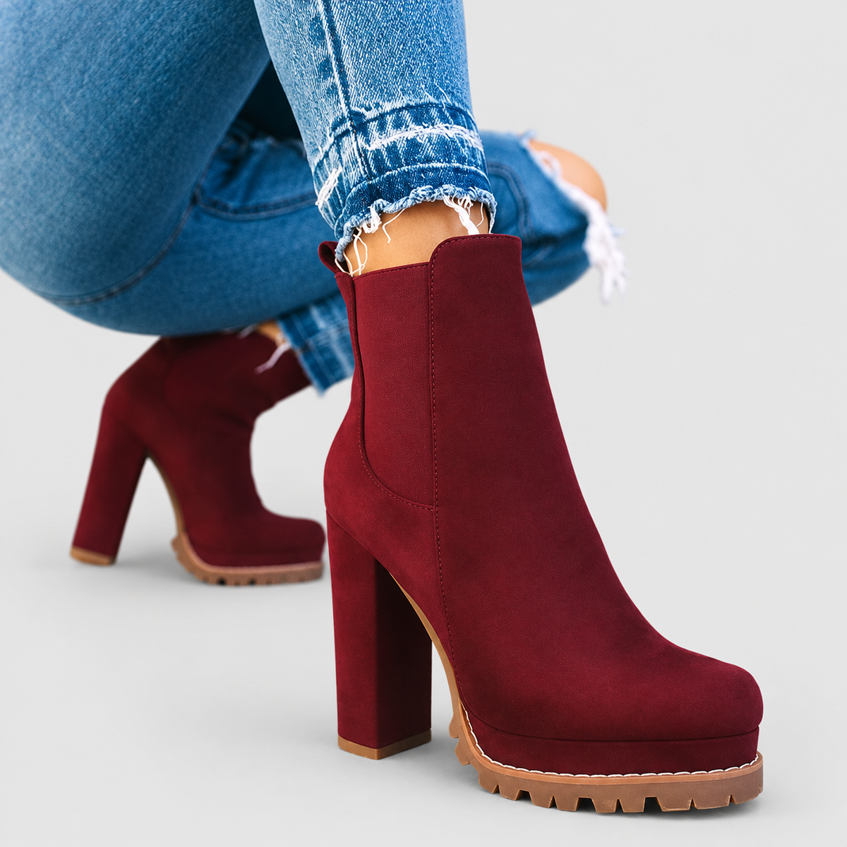 Women's Platform Ankle Boots with High Block Heel in Wine Red — view 2