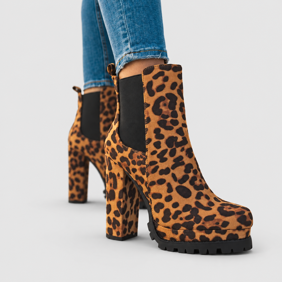 Women's Platform Ankle Boots with High Block Heel in Leopard — view 3