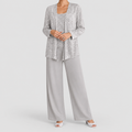 Women's Sequin Three-Piece Set with Wide-Leg Trousers in Silver — view 1
