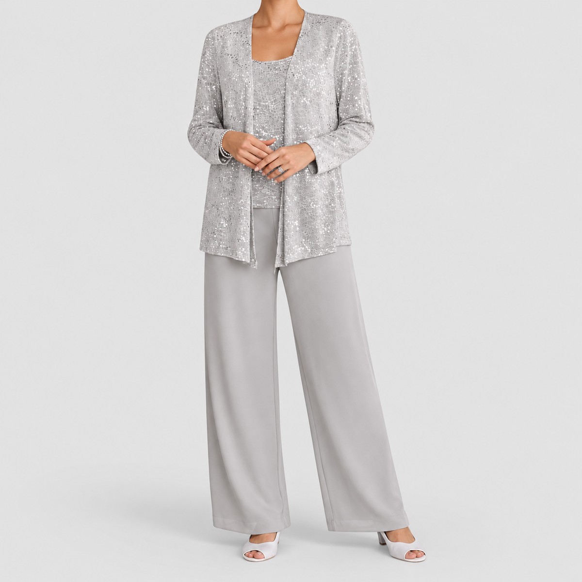 Women's Sequin Three-Piece Set with Wide-Leg Trousers in Silver — view 1
