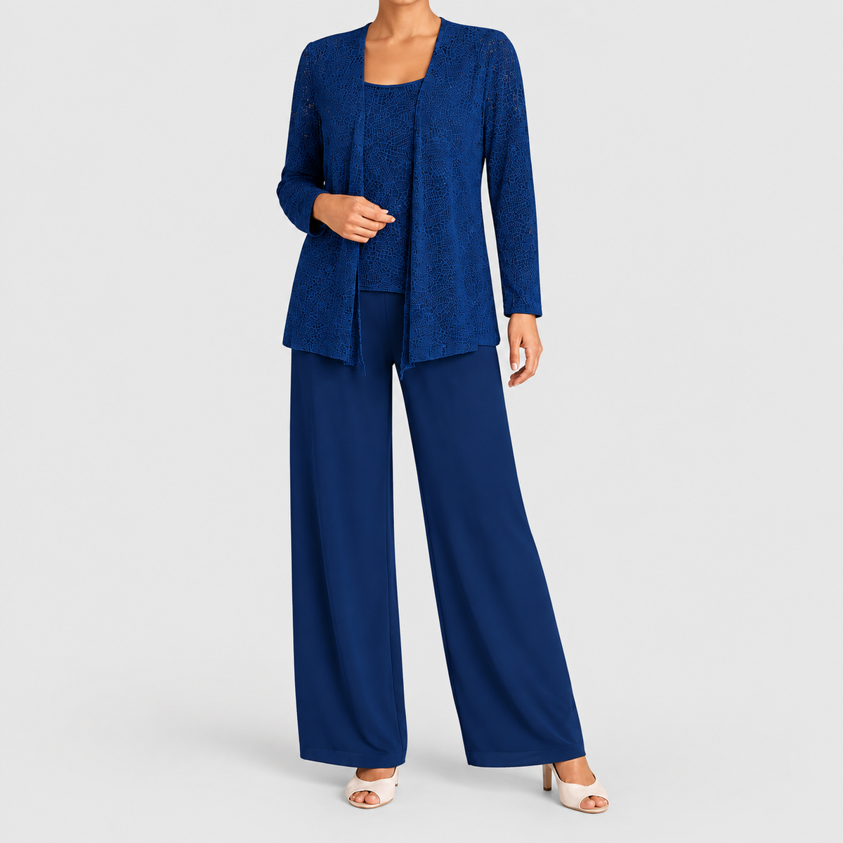 Women's Sequin Three-Piece Set with Wide-Leg Trousers in Navy Blue — view 7