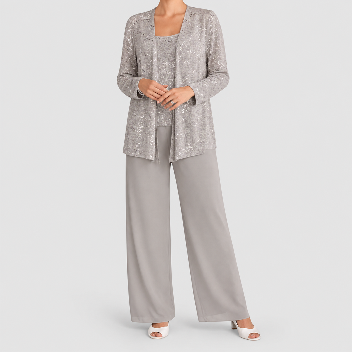 Women's Sequin Three-Piece Set with Wide-Leg Trousers in Beige — view 9