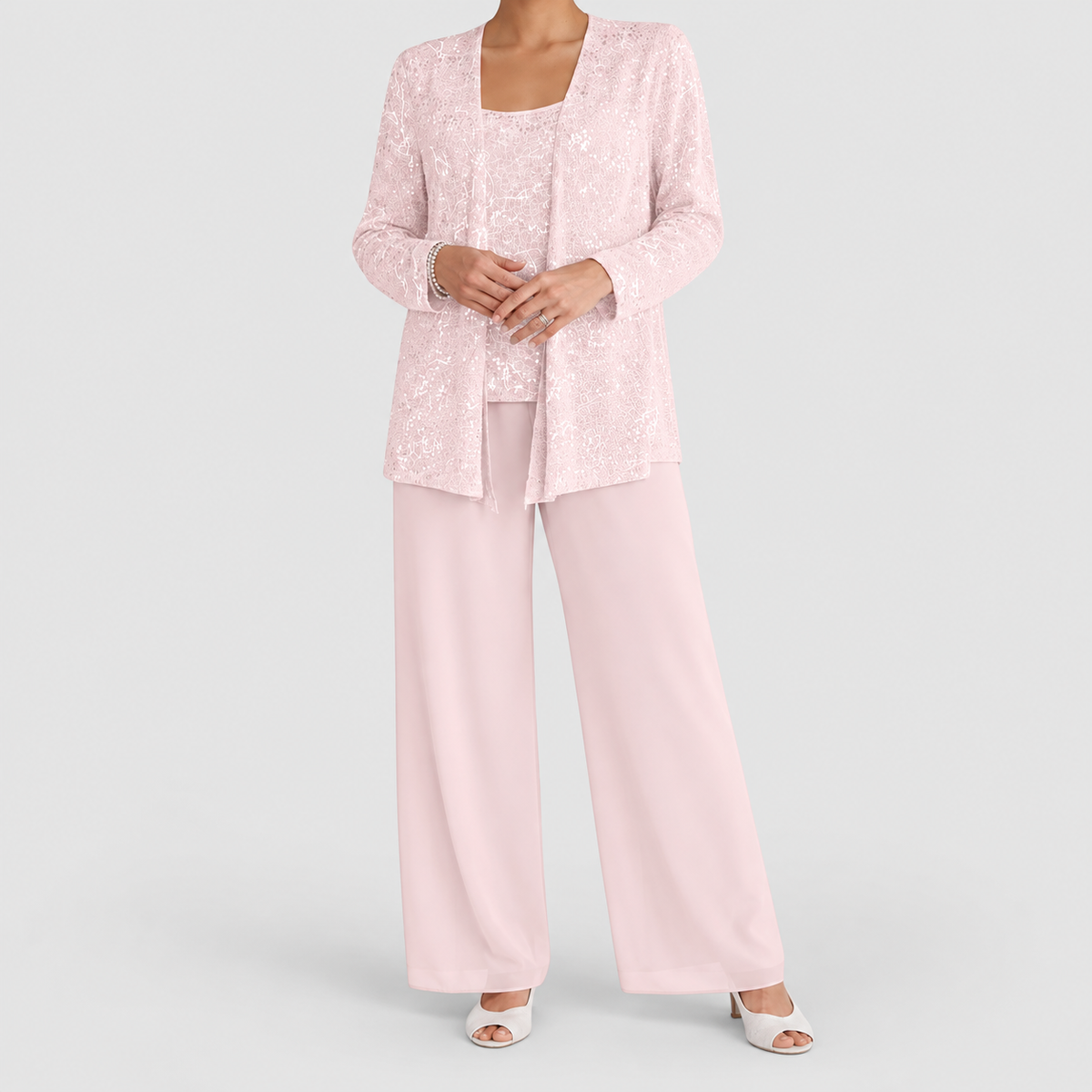 Women's Sequin Three-Piece Set with Wide-Leg Trousers in Light Pink — view 11