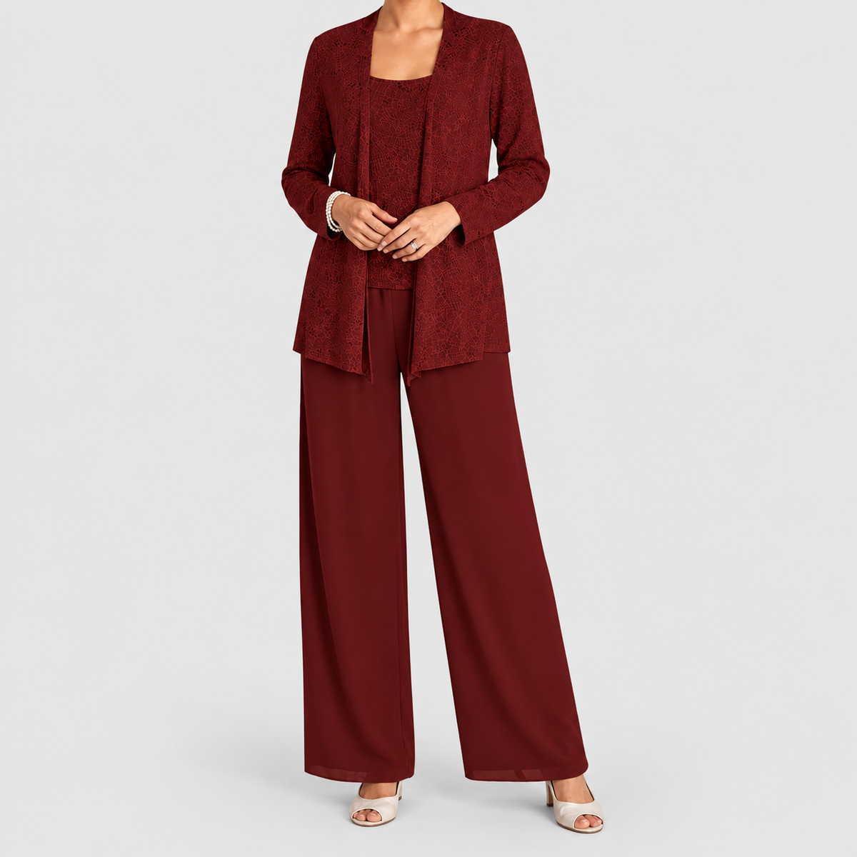 Women's Sequin Three-Piece Set with Wide-Leg Trousers in Burgundy — view 13