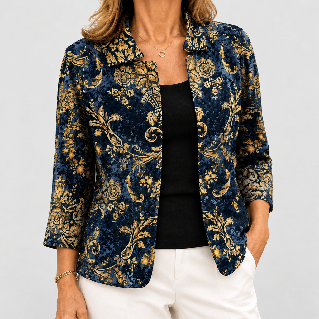 Women's Baroque-Print Open-Front Jacket in Dark Blue/Gold — view 1
