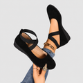 Women's Mary Jane Shoes with Cross Straps and Low Wedge in Black — view 1