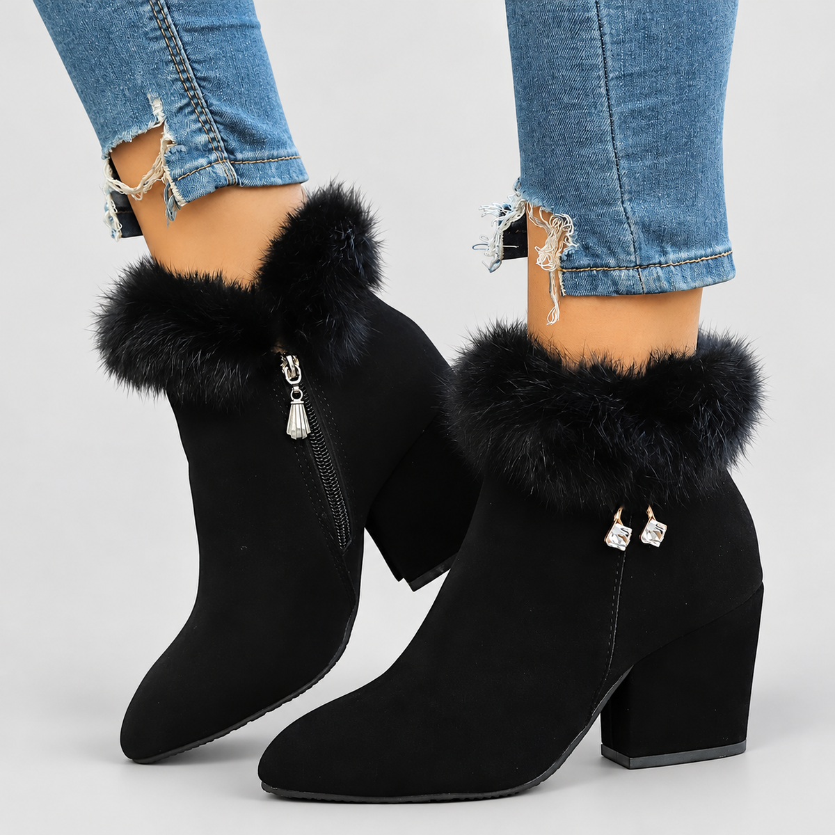 Women's Plush-Trim Ankle Boots with Block Heel in Black — view 1
