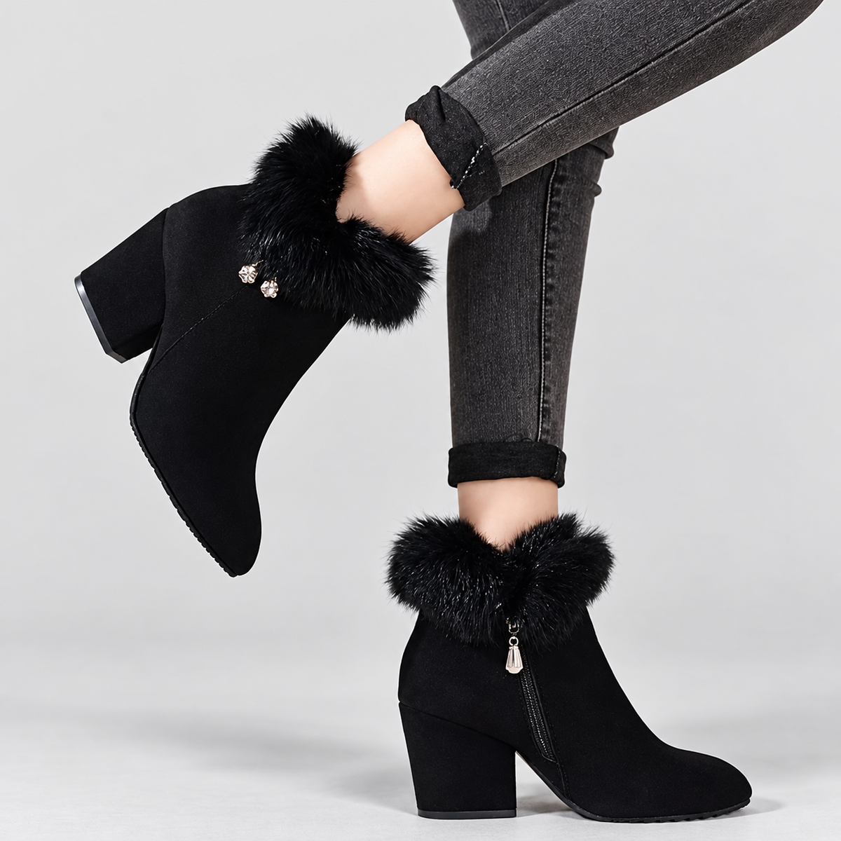 Women's Plush-Trim Ankle Boots with Block Heel — view 4