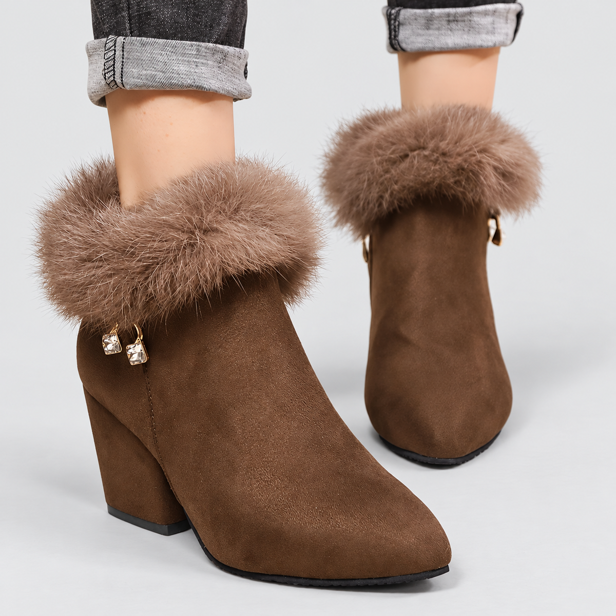 Women's Plush-Trim Ankle Boots with Block Heel in Dark Brown — view 6