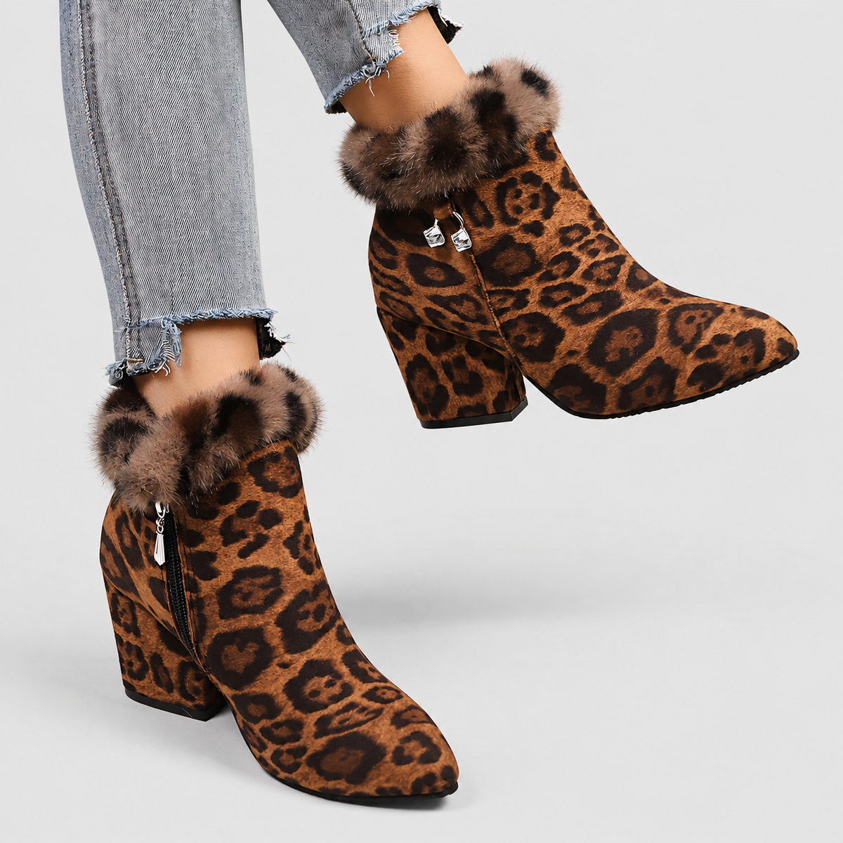 Women's Plush-Trim Ankle Boots with Block Heel in Leopard — view 7