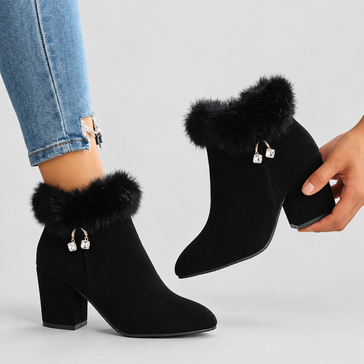 Women's Plush-Trim Ankle Boots with Block Heel — view 9