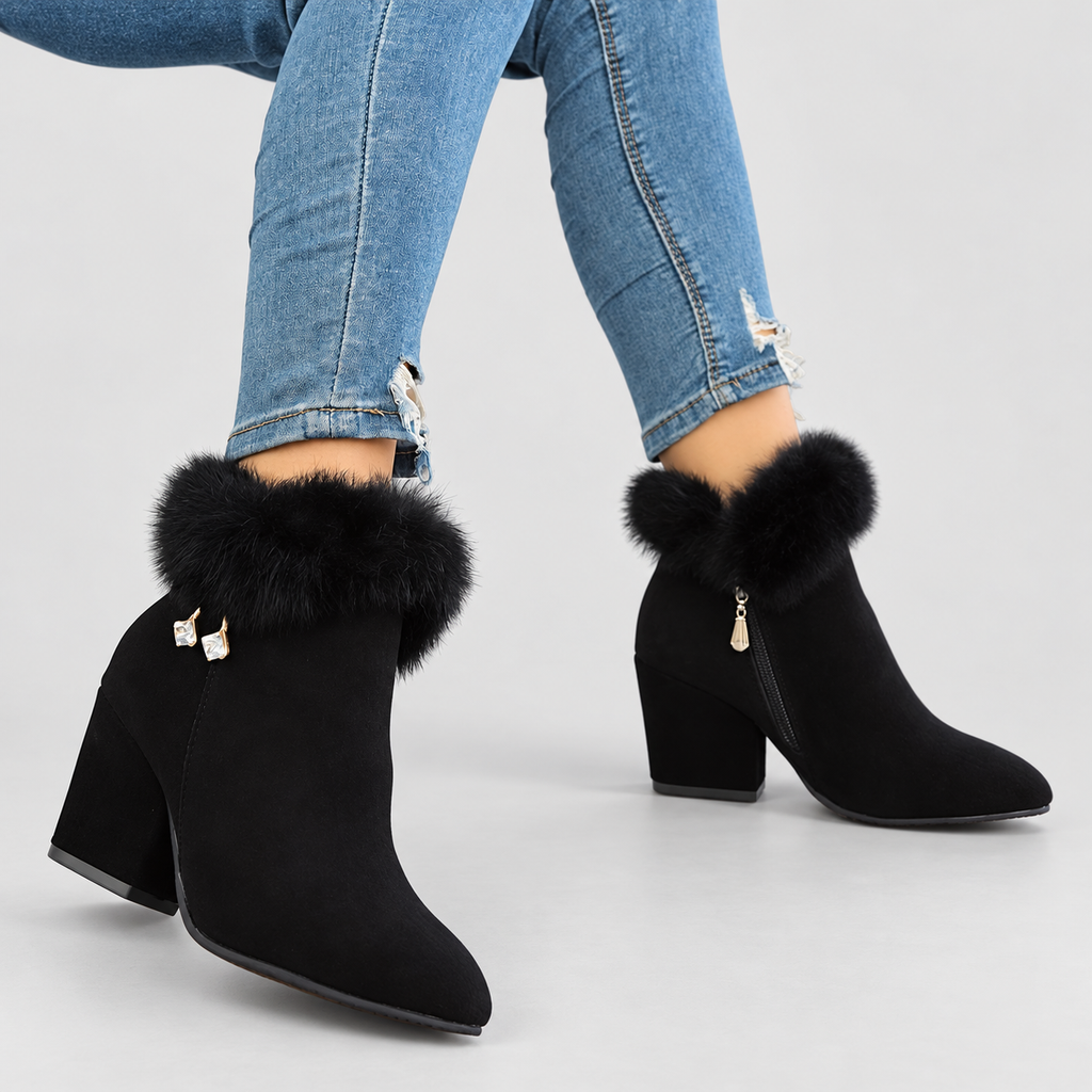 Women's Plush-Trim Ankle Boots with Block Heel — view 10
