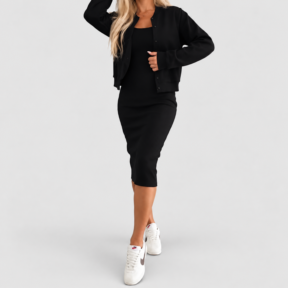 Women's Midi Dress and Matching Cardigan Set in Black — view 2