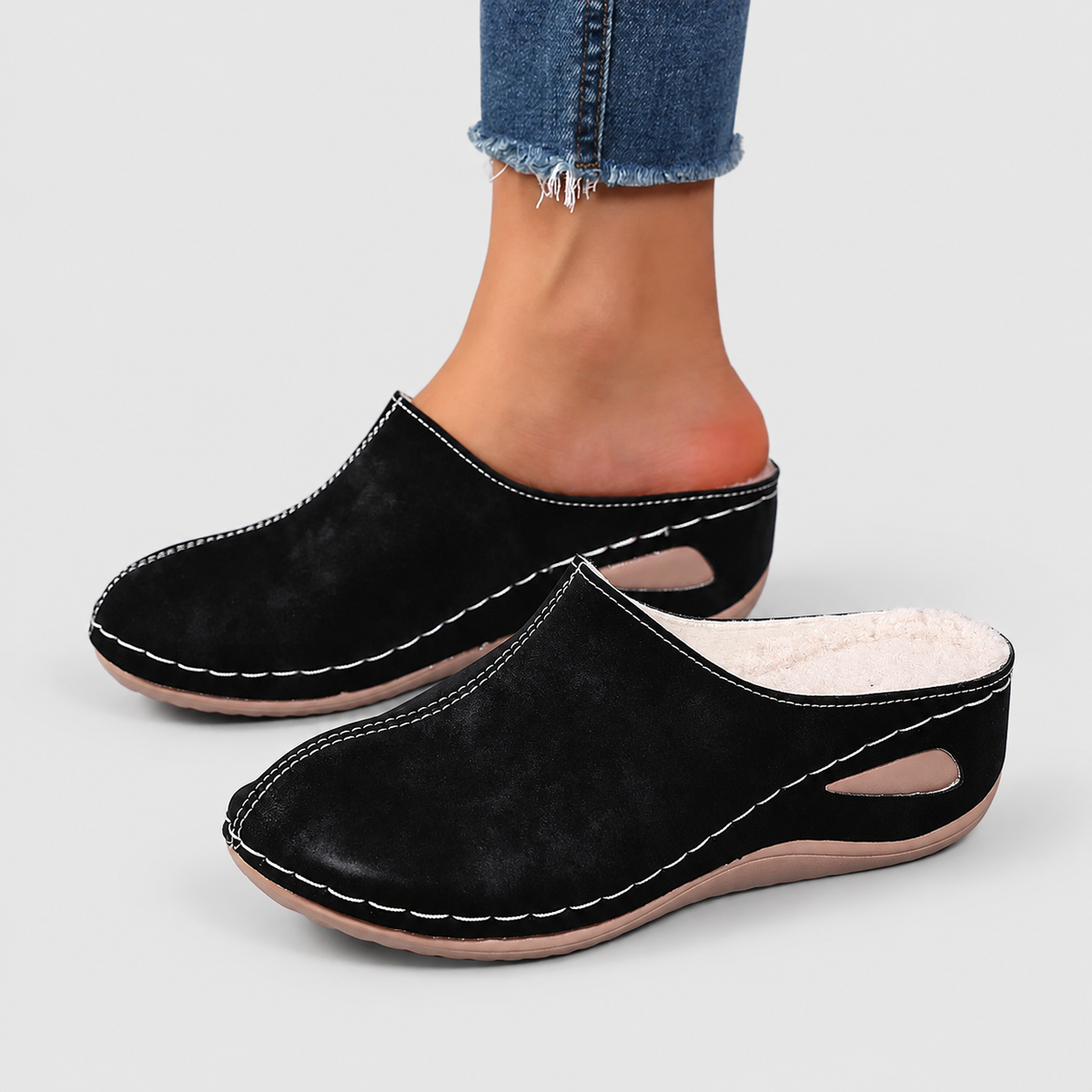 Women's Plush-Lined Slip-On Slippers in Black — view 2