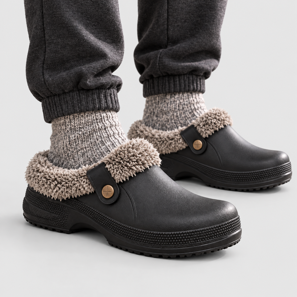 Men's Fleece-Lined Clogs with Button Strap and Textured Sole — view 3