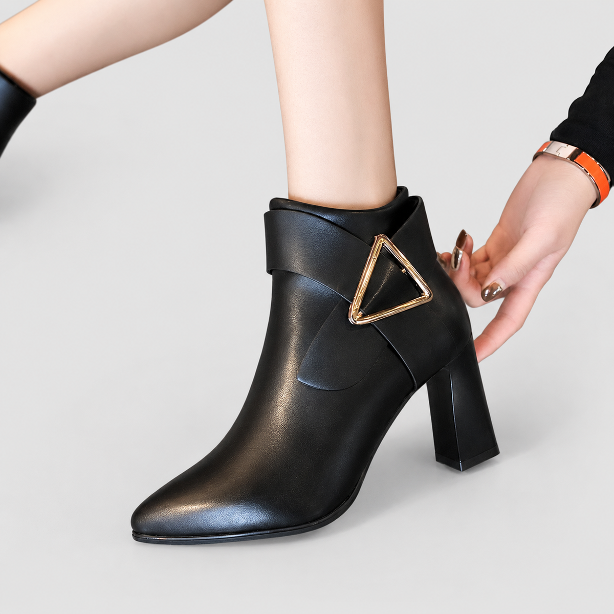 Women's Pointed-Toe Faux Leather Ankle Boots with Gold-Tone Triangle Buckle — view 4
