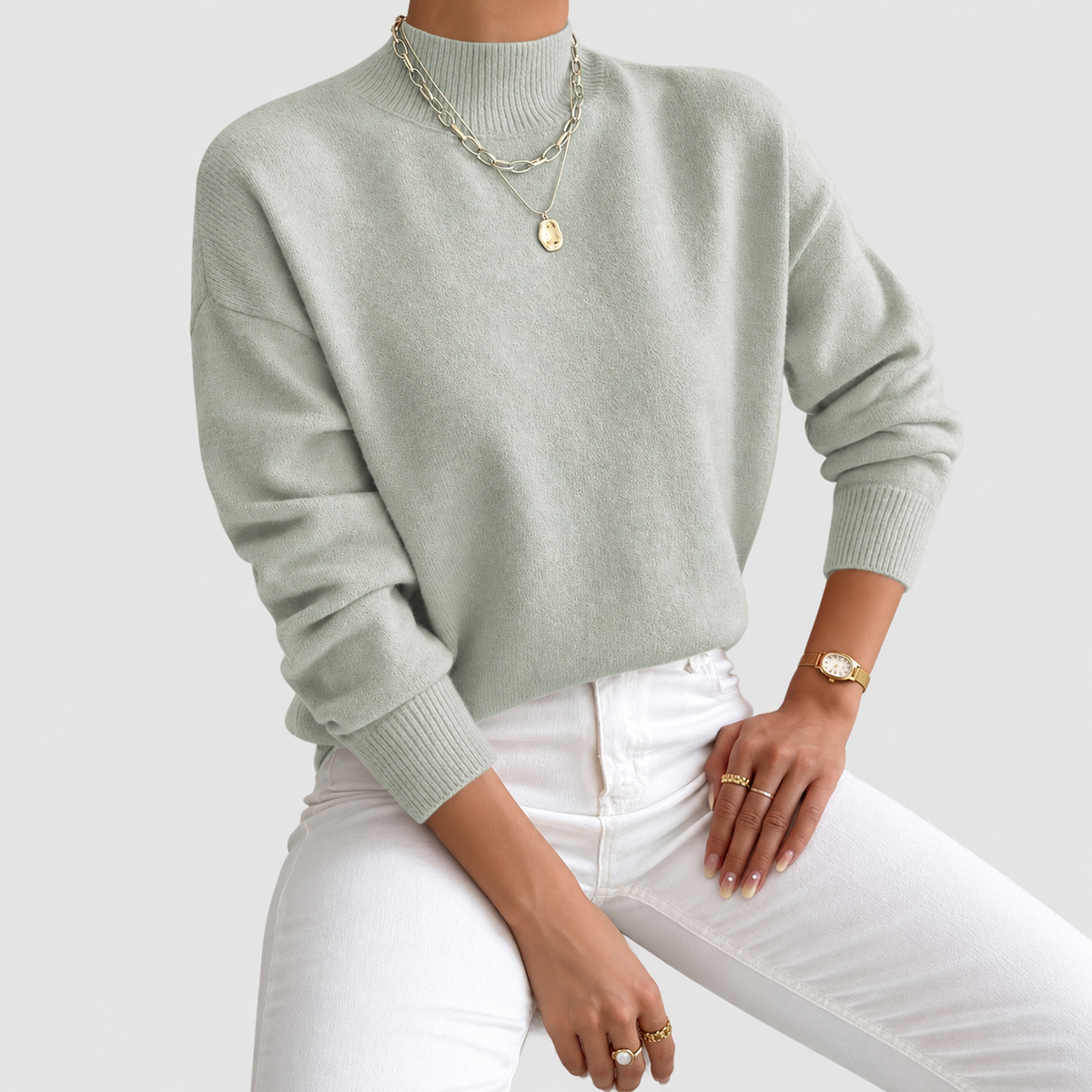 Women's Relaxed Mock-Neck Knit Jumper in Light Green — view 1