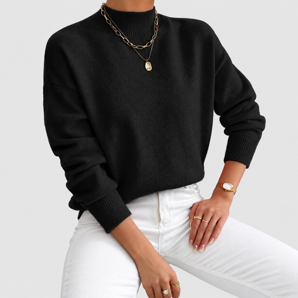 Women's Relaxed Mock-Neck Knit Jumper in Black — view 6