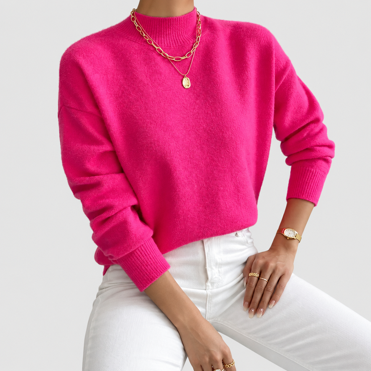 Women's Relaxed Mock-Neck Knit Jumper in Pink — view 7