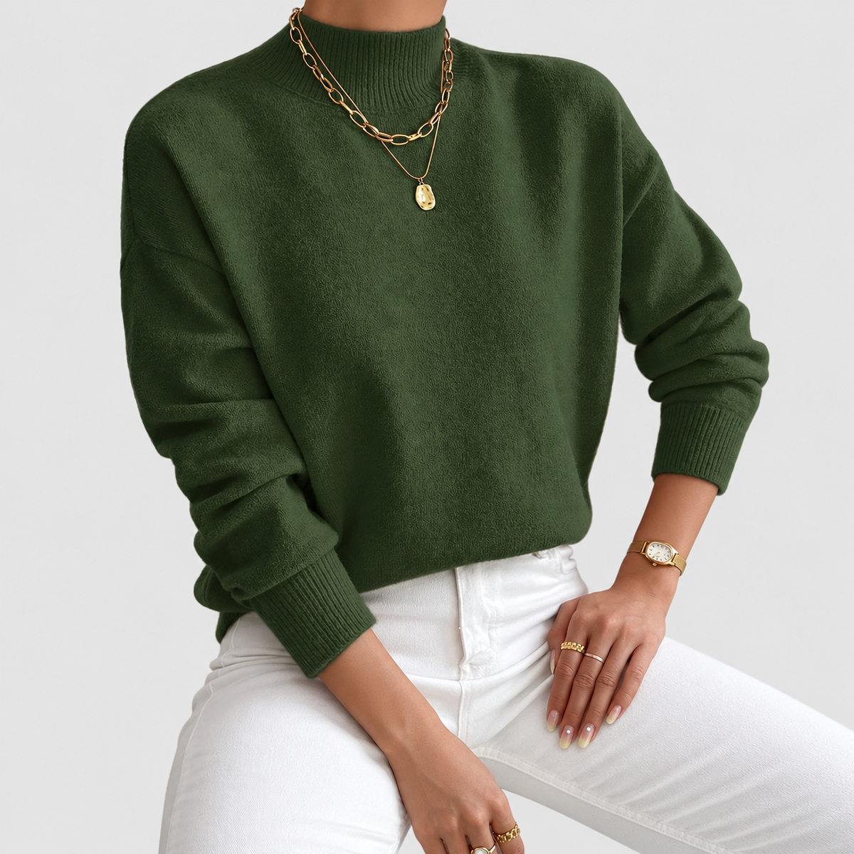 Women's Relaxed Mock-Neck Knit Jumper in Green — view 8