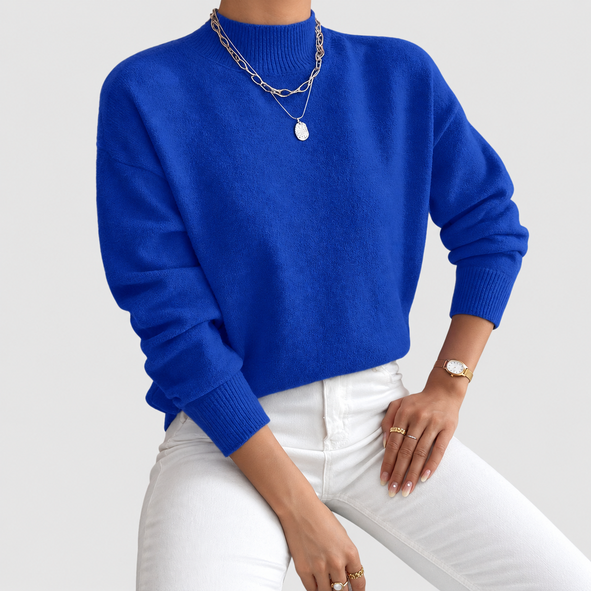 Women's Relaxed Mock-Neck Knit Jumper in Blue — view 9