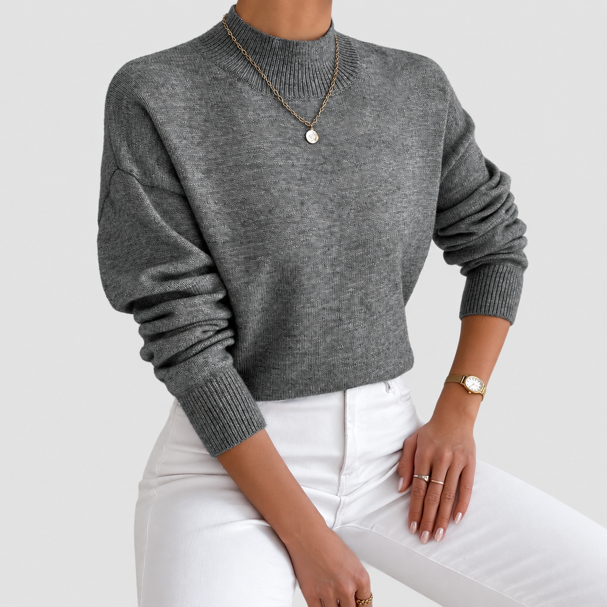 Women's Relaxed Mock-Neck Knit Jumper in Dark Grey — view 10