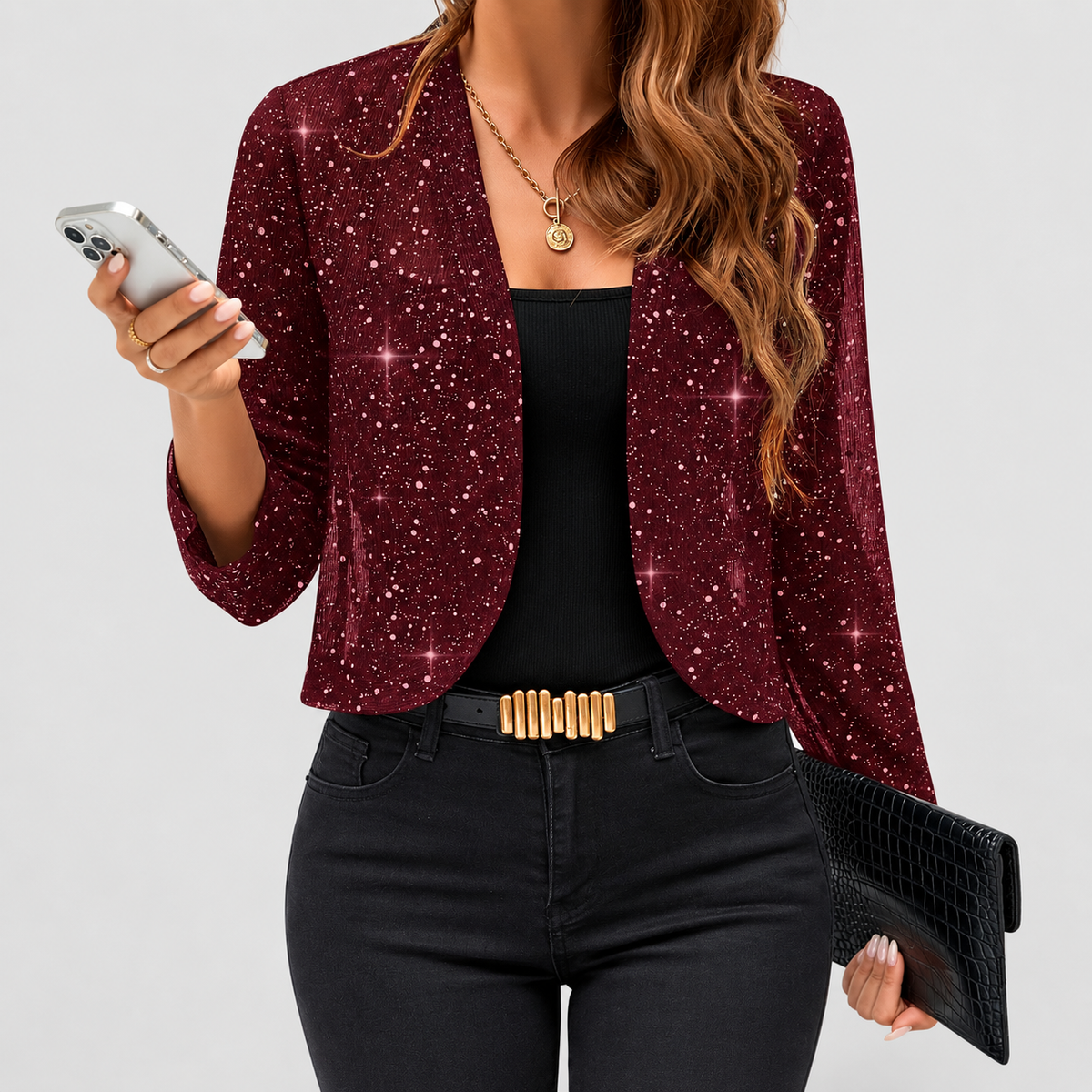 Women's Sequin Cardigan Jacket for Evening Wear in Burgundy — view 3