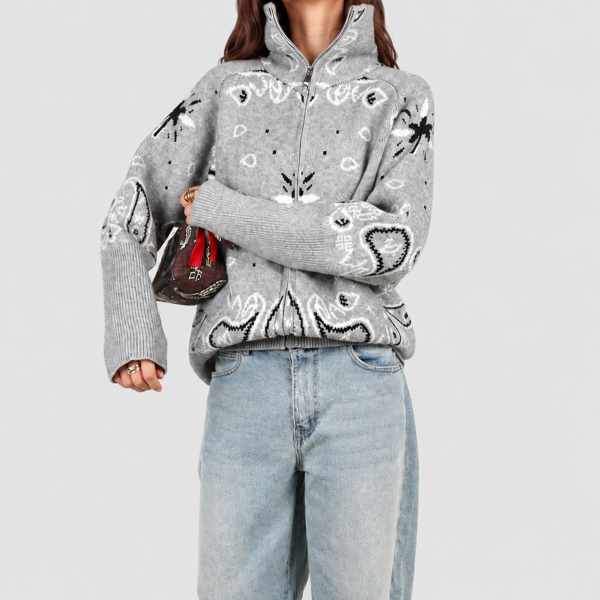 Women's Paisley Zip-Up Knit Cardigan with Funnel Neck in Light Grey — view 1