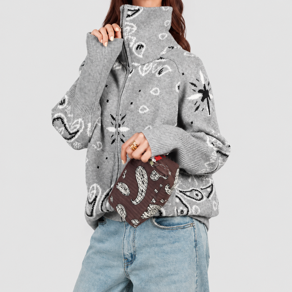 Women's Paisley Zip-Up Knit Cardigan with Funnel Neck — view 2