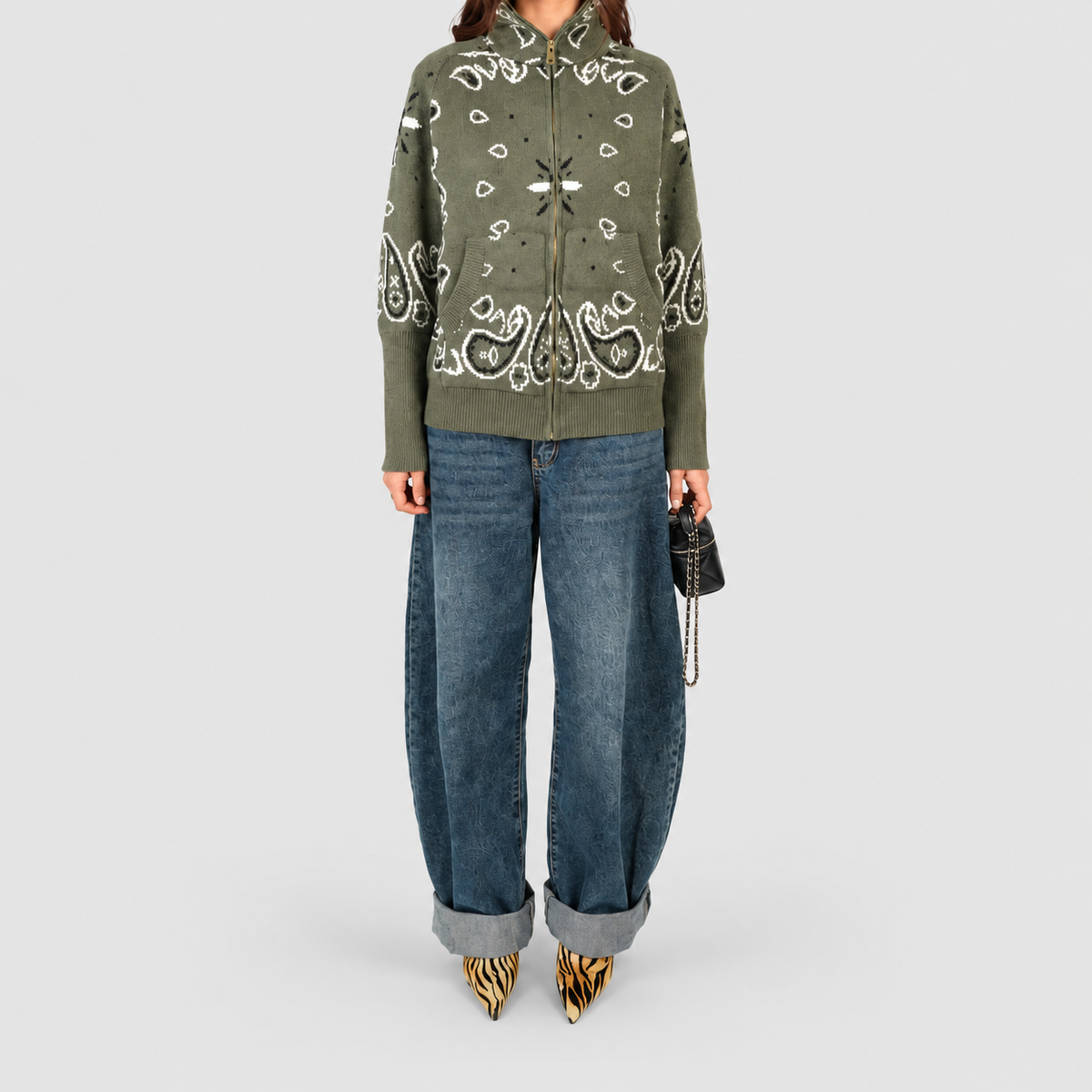 Women's Paisley Zip-Up Knit Cardigan with Funnel Neck in Green — view 3