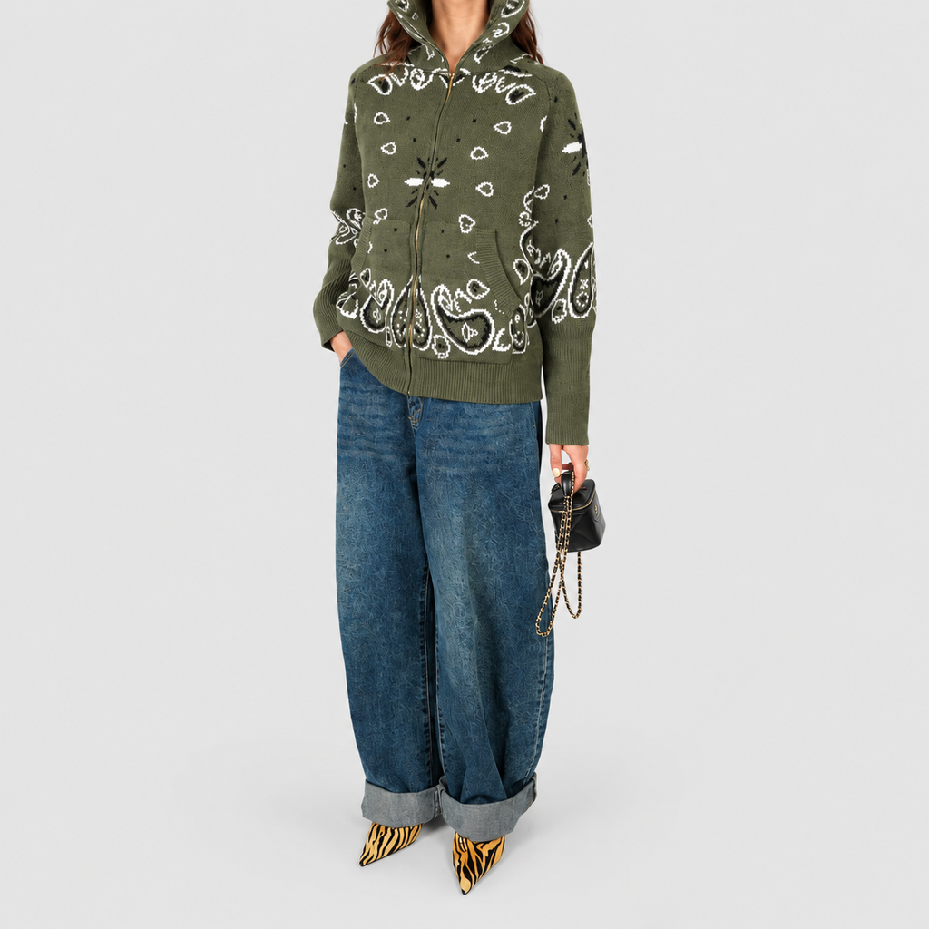 Women's Paisley Zip-Up Knit Cardigan with Funnel Neck — view 4