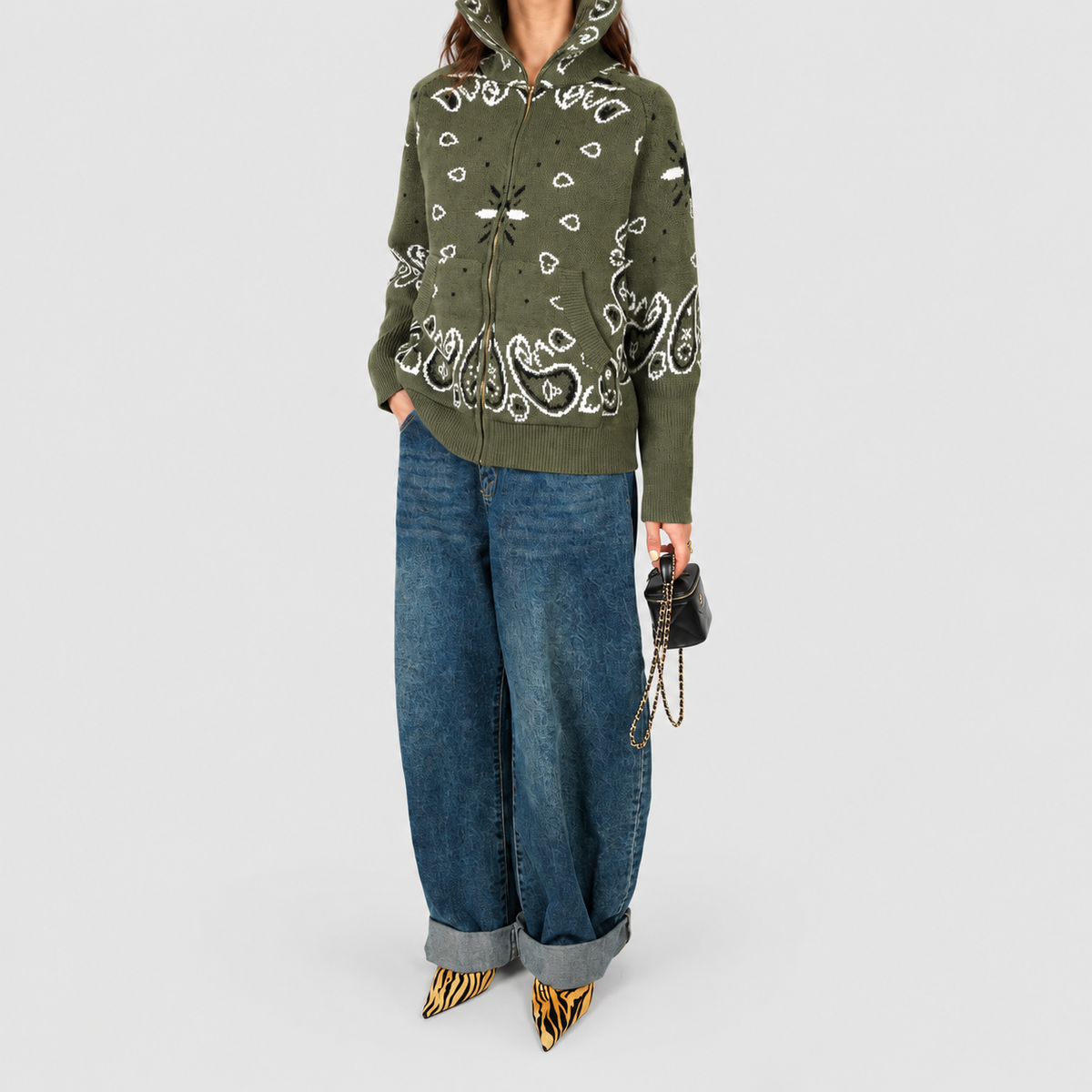Women's Paisley Zip-Up Knit Cardigan with Funnel Neck — view 4