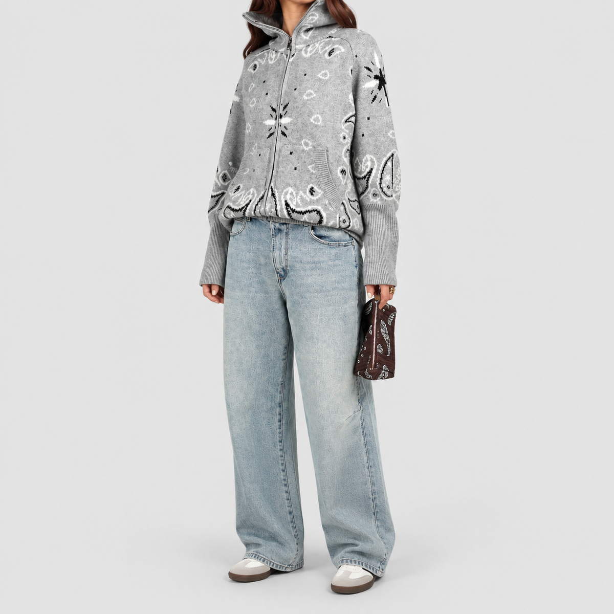 Women's Paisley Zip-Up Knit Cardigan with Funnel Neck — view 5