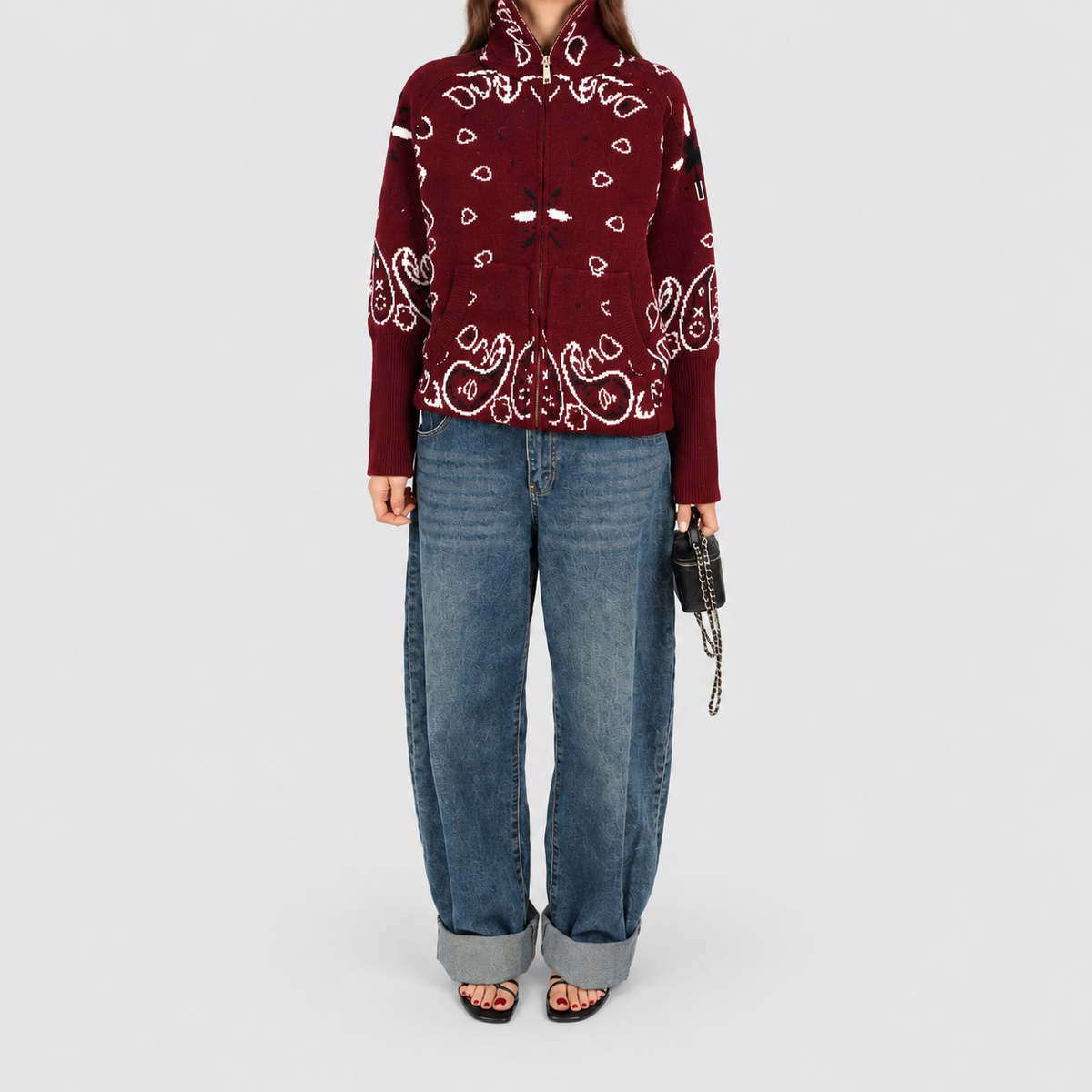 Women's Paisley Zip-Up Knit Cardigan with Funnel Neck in Red — view 6