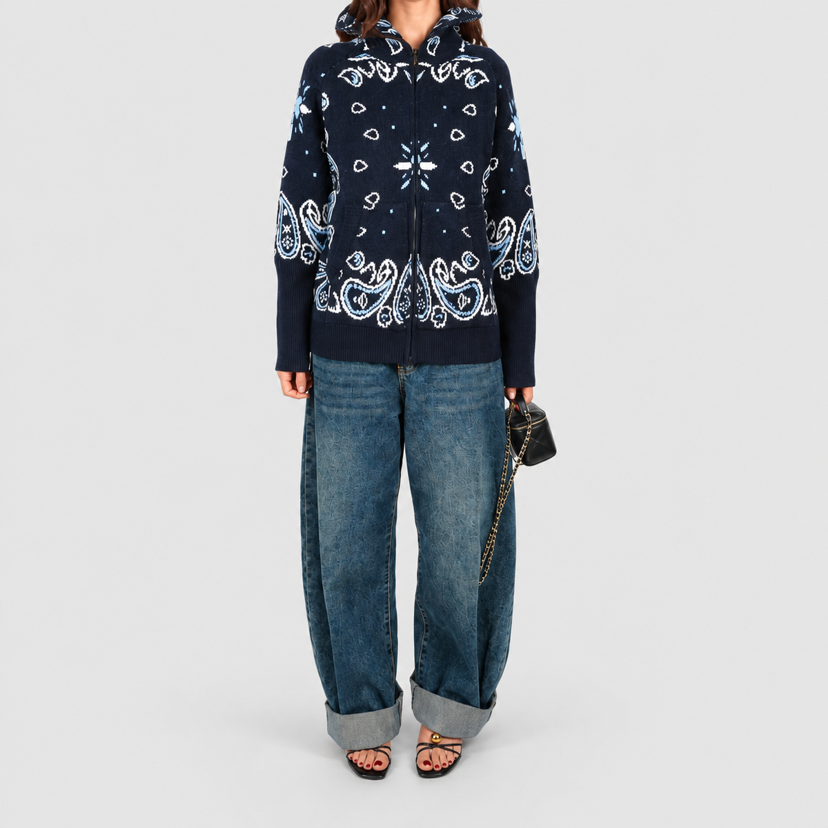 Women's Paisley Zip-Up Knit Cardigan with Funnel Neck in Navy — view 7