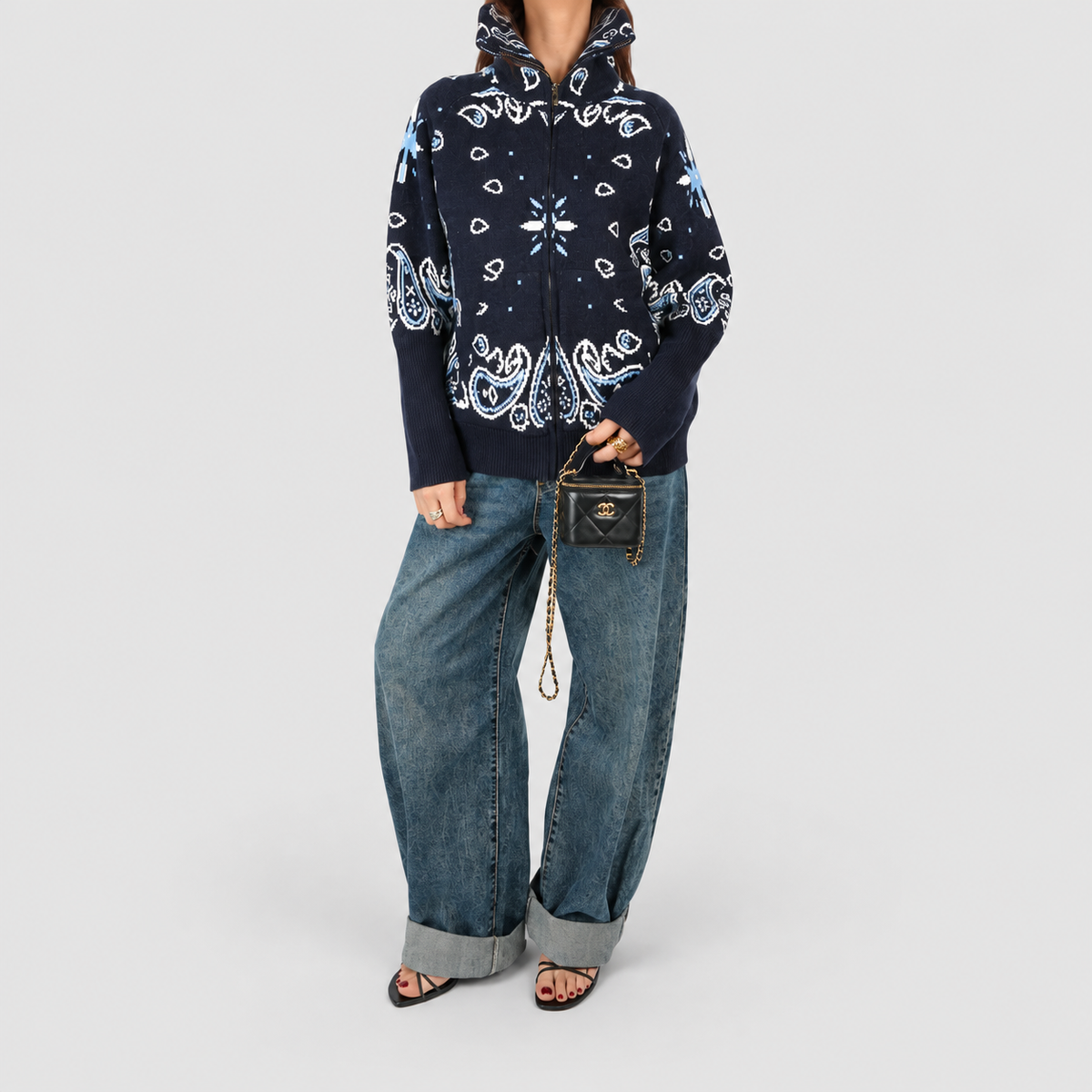 Women's Paisley Zip-Up Knit Cardigan with Funnel Neck — view 8