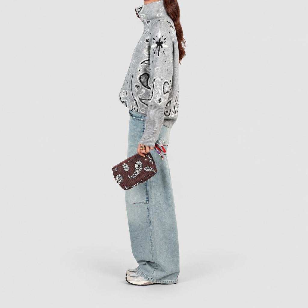 Women's Paisley Zip-Up Knit Cardigan with Funnel Neck — view 9