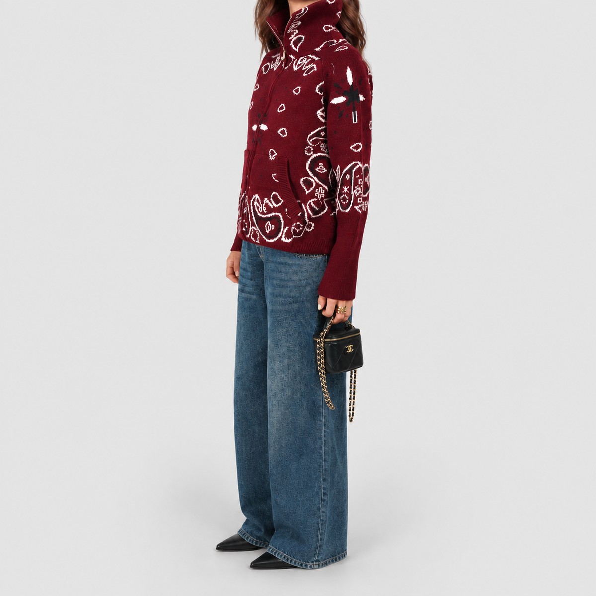 Women's Paisley Zip-Up Knit Cardigan with Funnel Neck — view 10