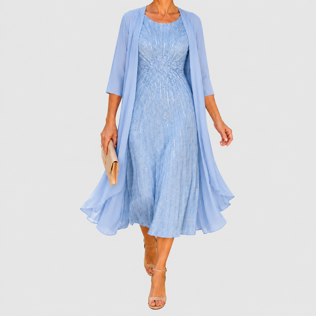 Women's Sequin Midi Occasion Dress with Draped Overlay in Blue — view 1
