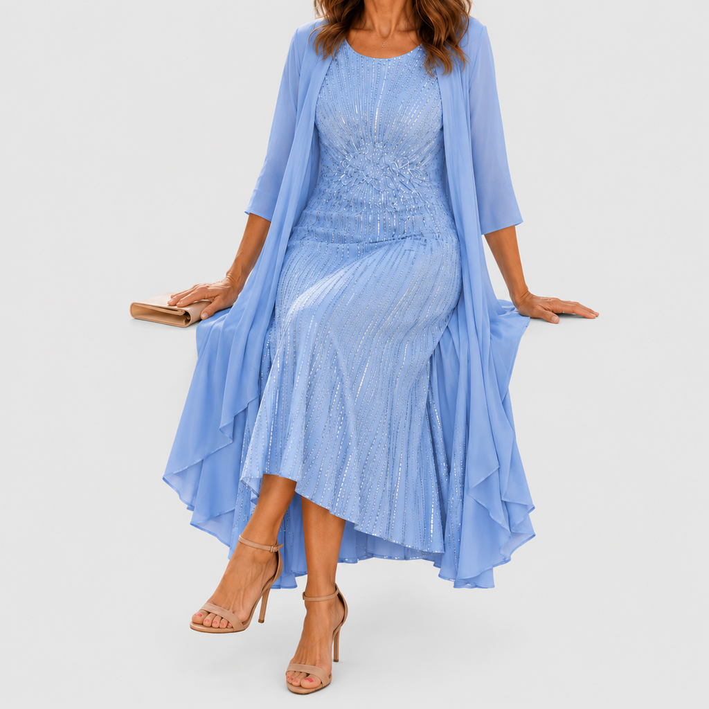 Women's Sequin Midi Occasion Dress with Draped Overlay — view 2