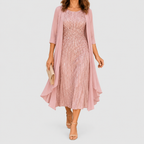 Women's Sequin Midi Occasion Dress with Draped Overlay in Pink — view 3