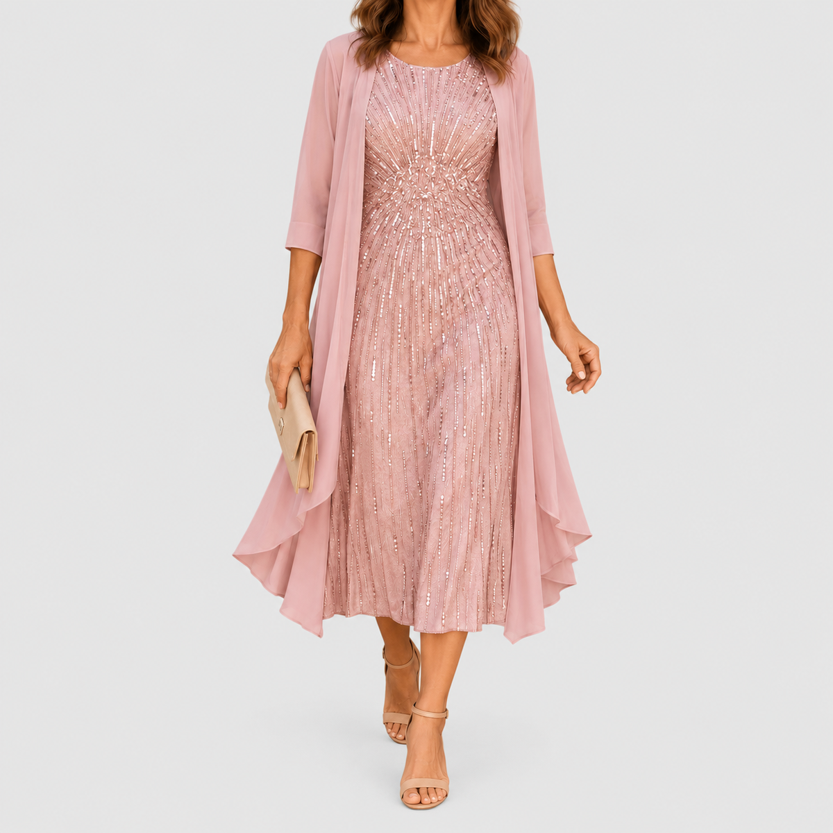 Women's Sequin Midi Occasion Dress with Draped Overlay in Pink — view 3